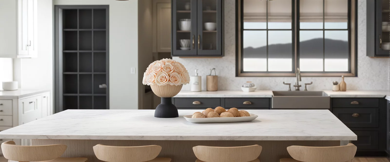 Modern kitchen with dark gray cabinets, mountain view, and cream flowers