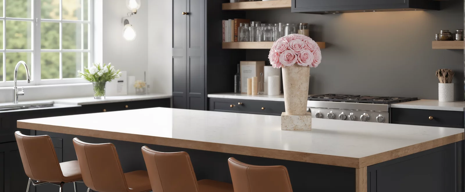 Contemporary kitchen with light-colored island and pink roses