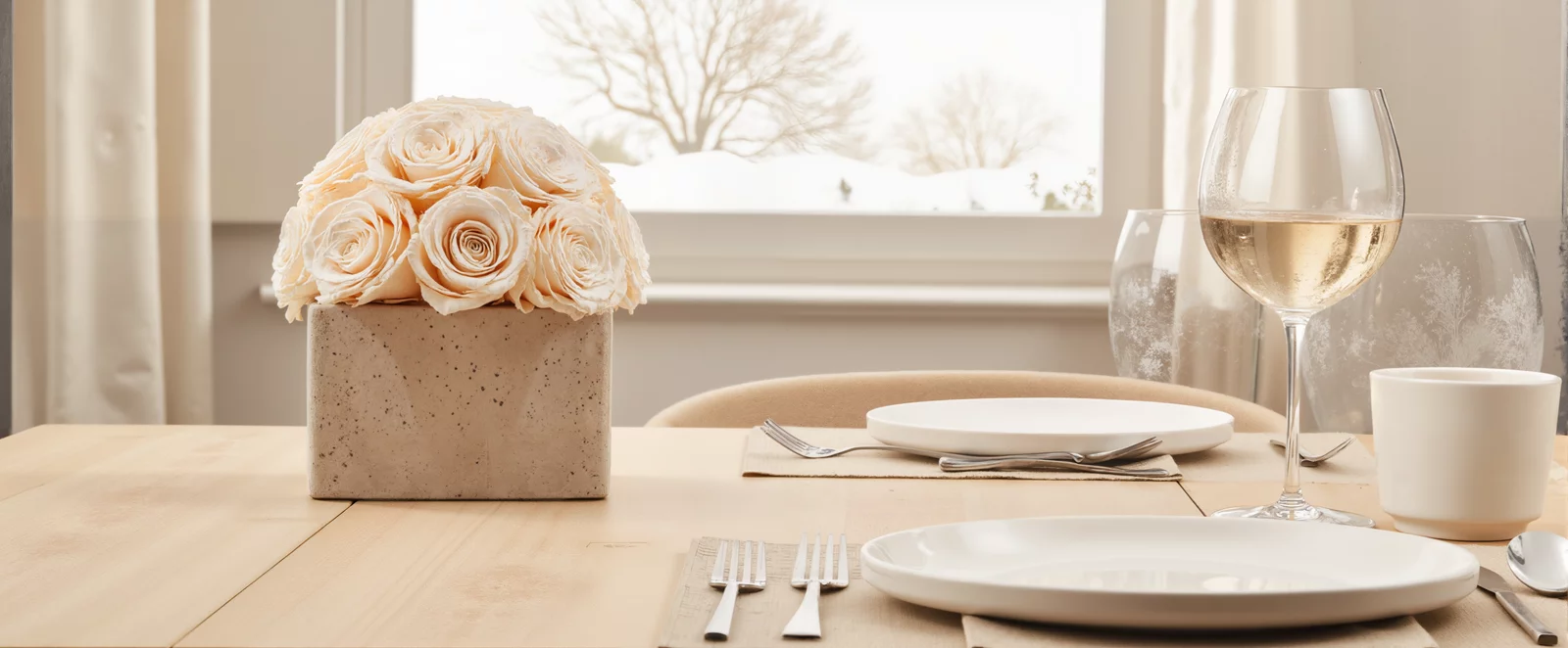 Elegant dining table with cream-colored artificial flowers and winter view