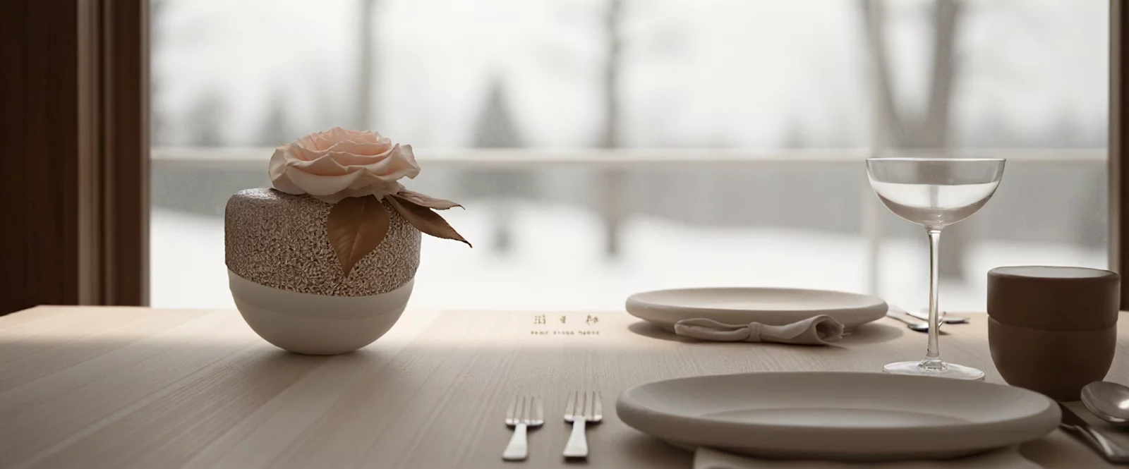 Vase with pink rose on a dining table, minimalist floral centerpiece.