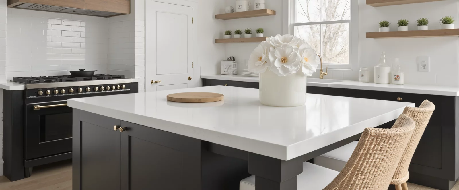 White vase with large white flowers on a kitchen island, modern floral arrangement.