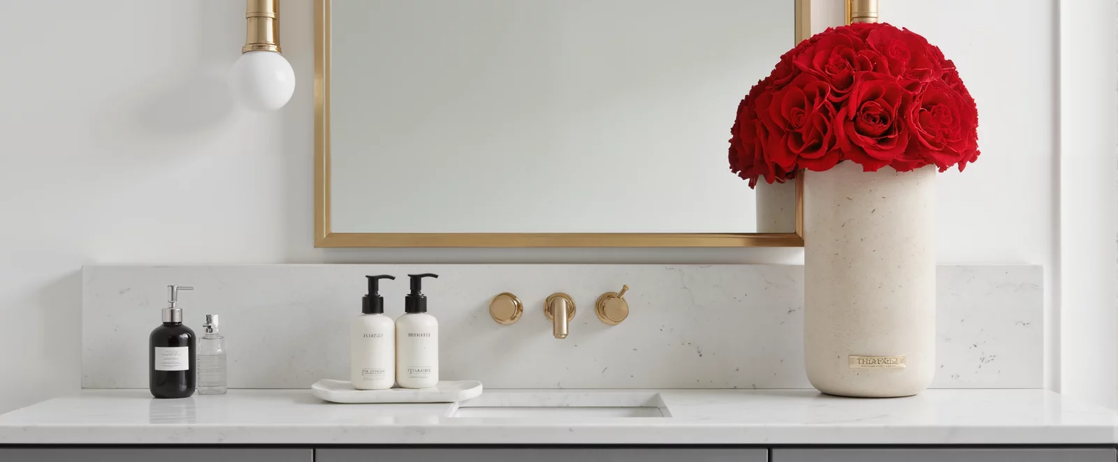 Large elegant vase with red roses in a bathroom, modern floral display.