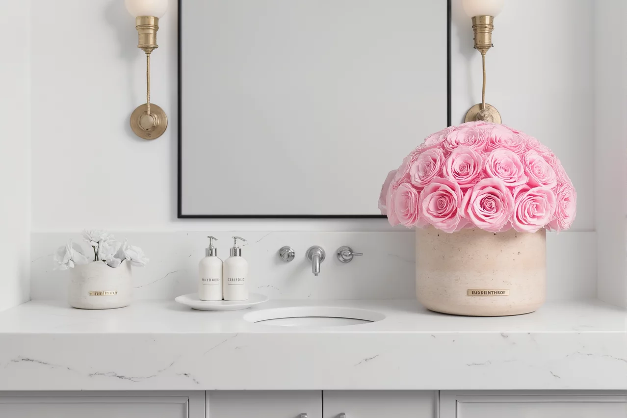 Beige ceramic vase with pink roses in a bathroom, modern floral arrangement.
