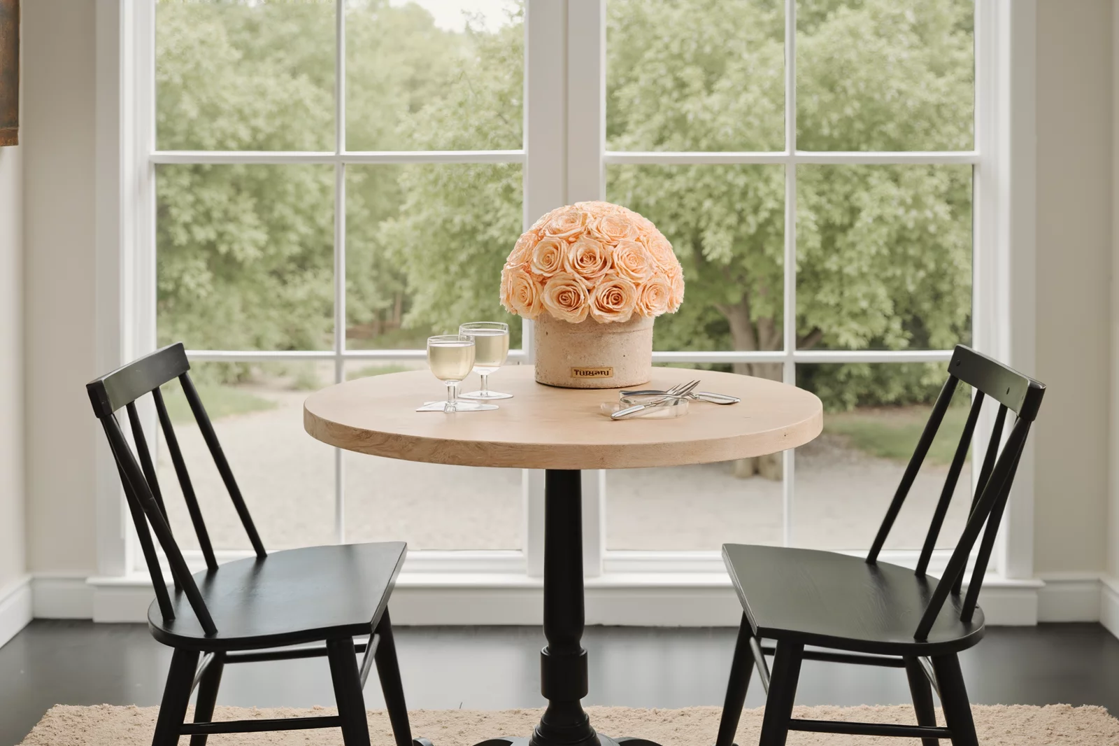 Light wooden vase with peach roses on a dining table, cozy floral arrangement.