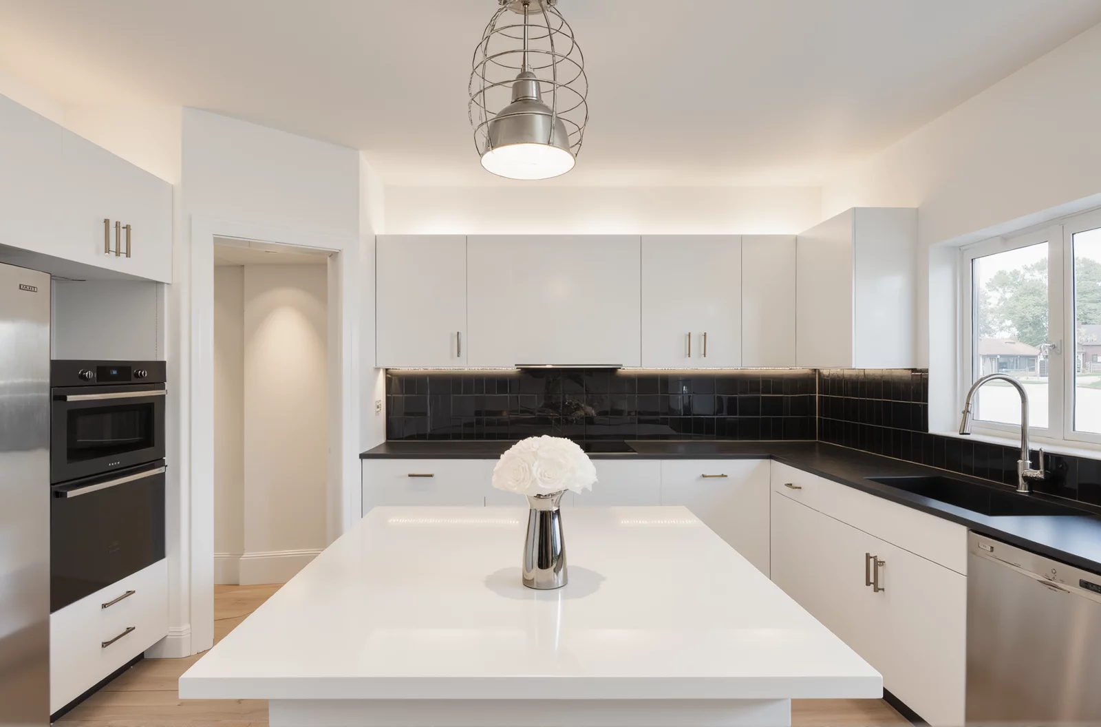 Vase with white flowers on a kitchen island, modern floral arrangement.