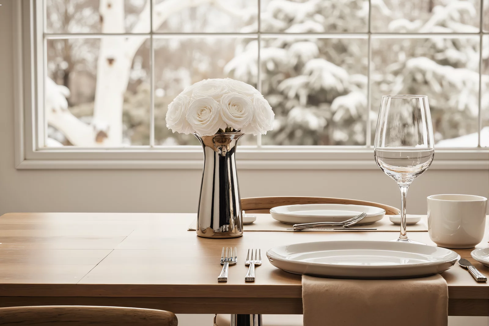 Vase with white roses on a dining table, minimalist floral display.
