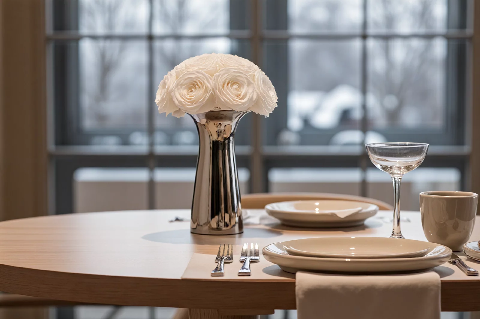 Metallic vase with white roses on a dining table, modern floral display.