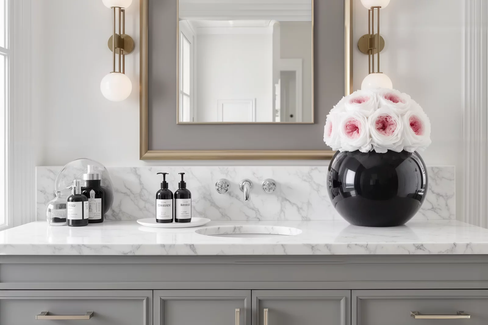 Modern bathroom with gold-framed mirror, white roses, and grey cabinetry