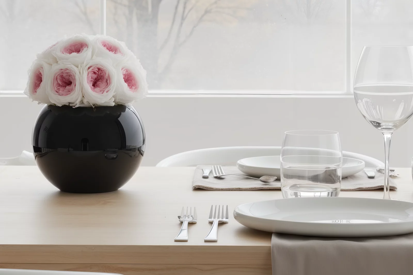 Elegant dining table with white and pink roses and wintery window view
