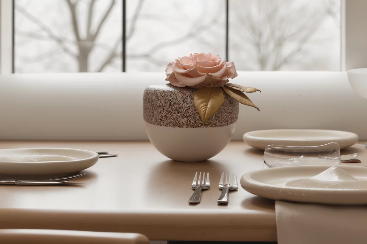 Textured vase with pink rose and gold leaf on a dining table, elegant floral display.