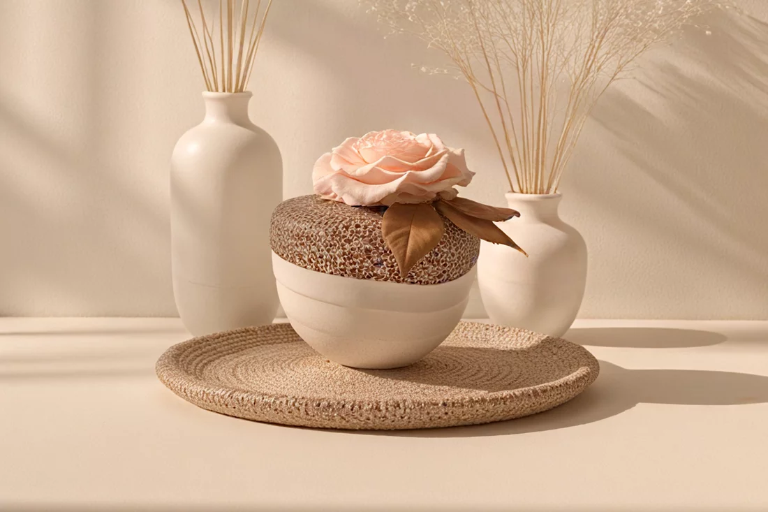 White ceramic vase with dried white flowers, elegant floral arrangement.