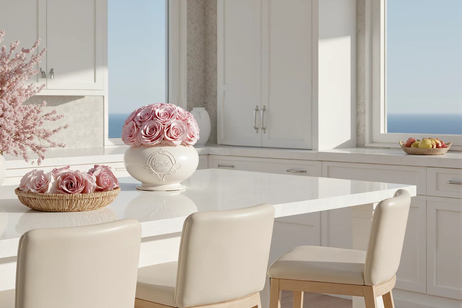 Bright kitchen with ocean view, woven basket, and pink rose bouquet