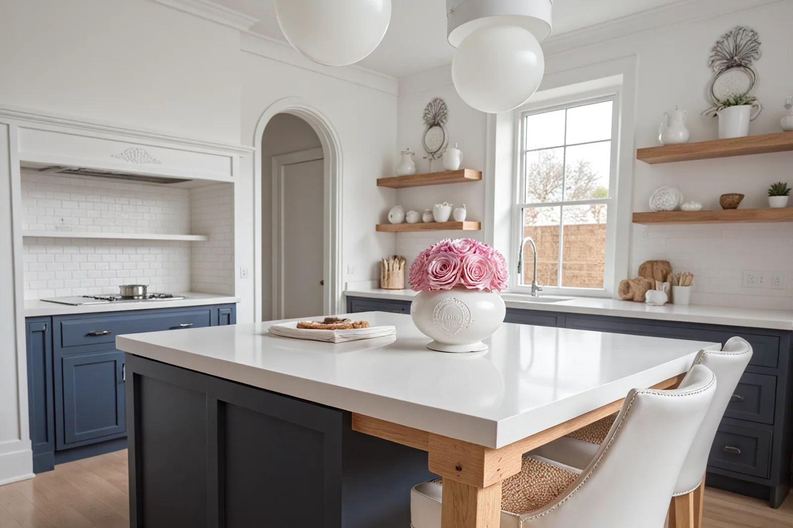 Bright kitchen with navy blue island and pink rose bouquet