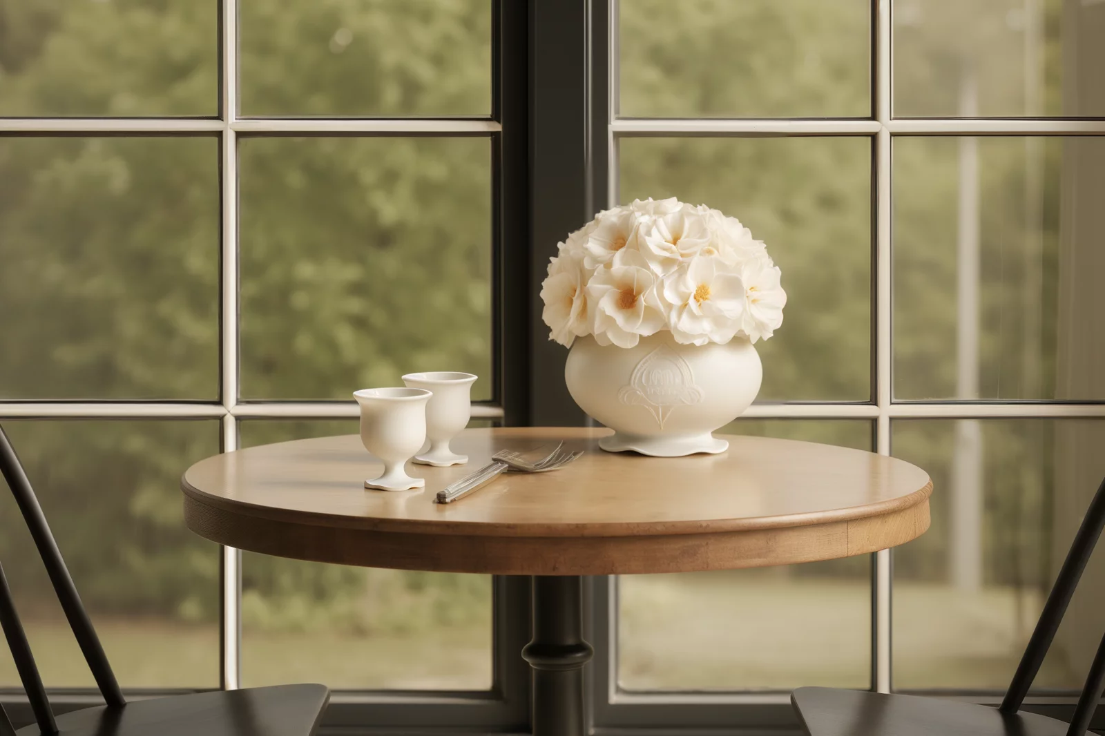 Serene dining area with white ceramic vase and garden view
