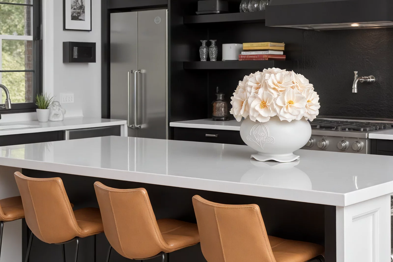 Modern kitchen with black cabinetry, white floral arrangement, and black accents