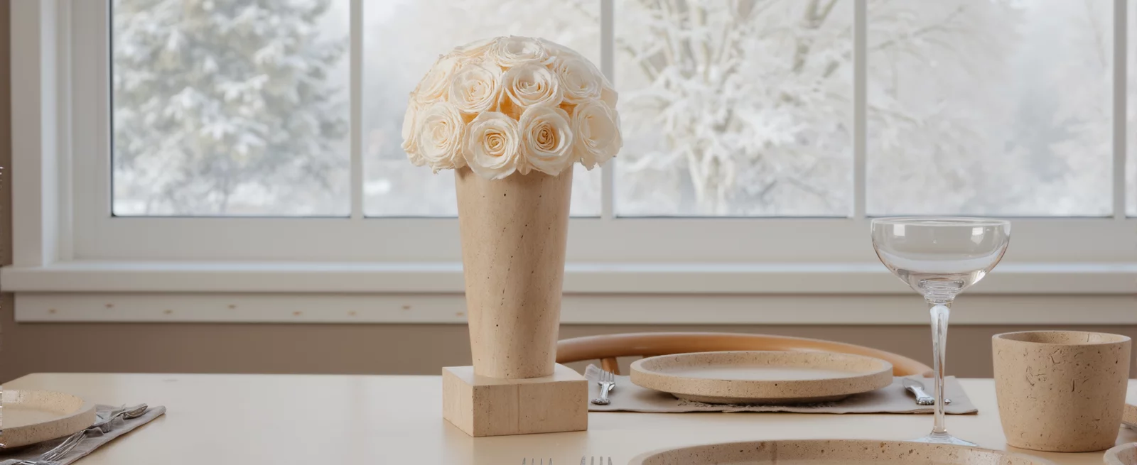 White textured vase with red roses on a dining table, elegant floral arrangement.