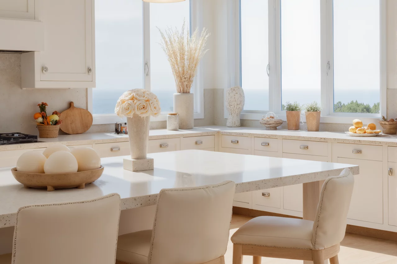 Wooden bowl with white eggs on a kitchen island, modern floral display.