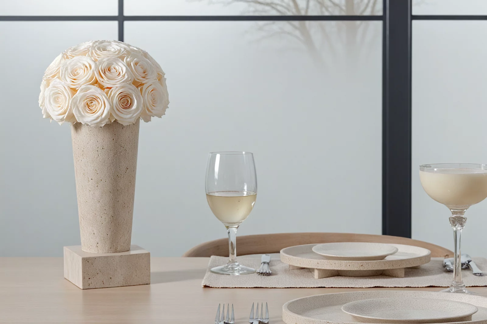 Modern dining room with white floral centerpiece and frosted windows