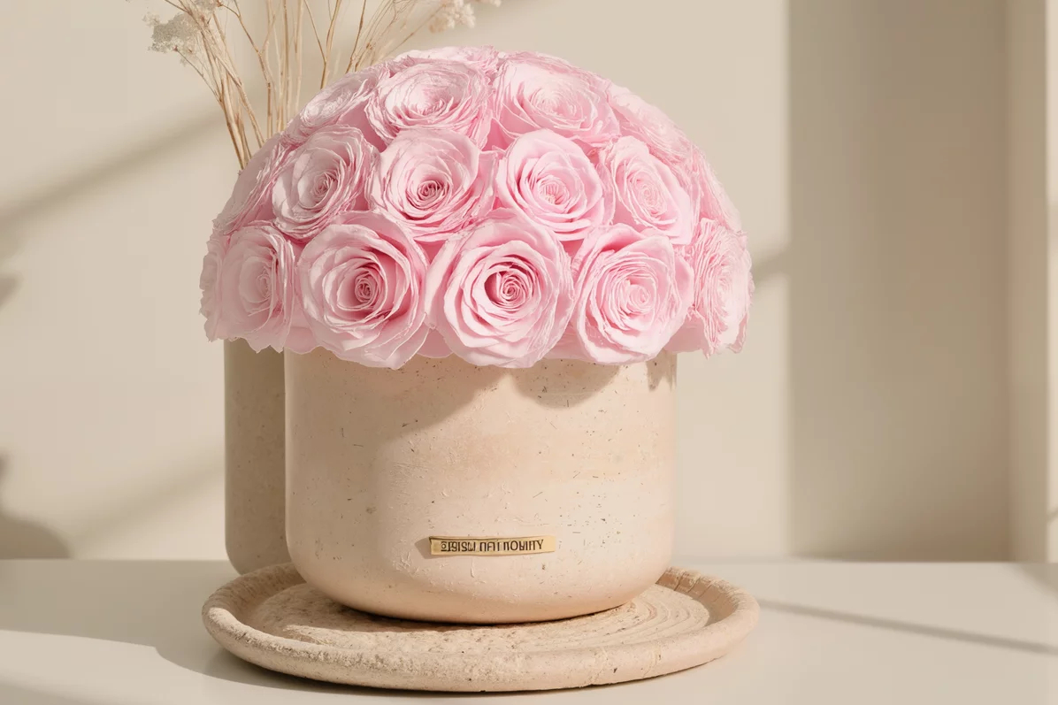 Beige ceramic vase with pale pink roses, minimalist floral centerpiece.