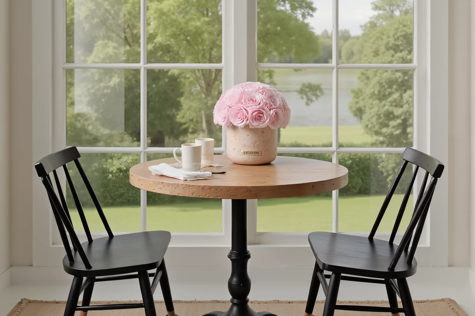 Vase with pink roses on a wooden table, cozy floral centerpiece.
