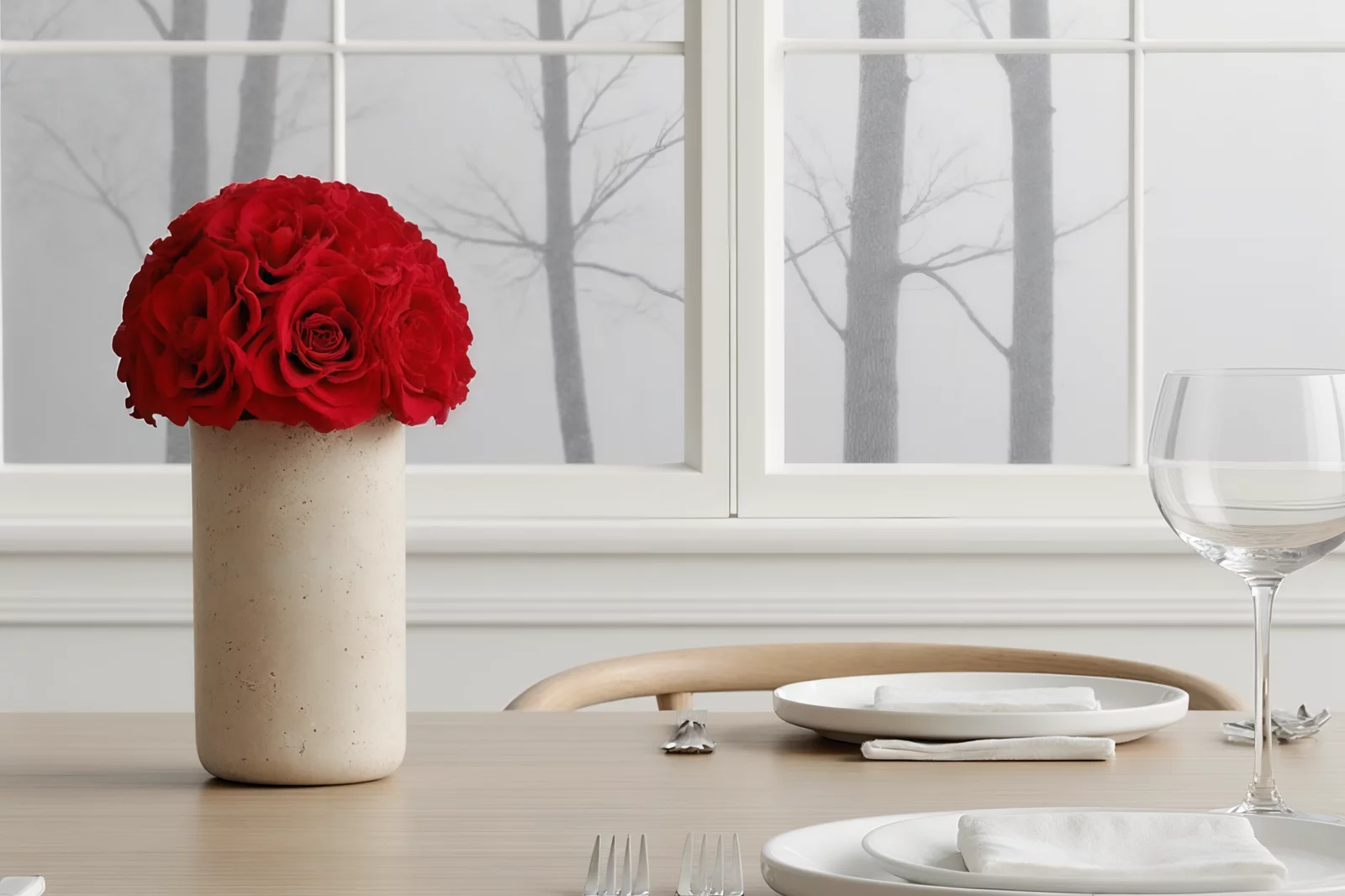 Modern dining room with red rose centerpiece and snowy tree view