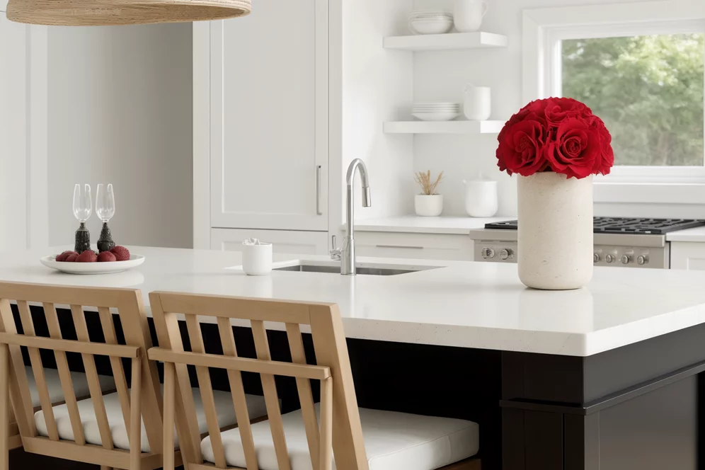 Vase of red roses on a kitchen island, modern floral arrangement.