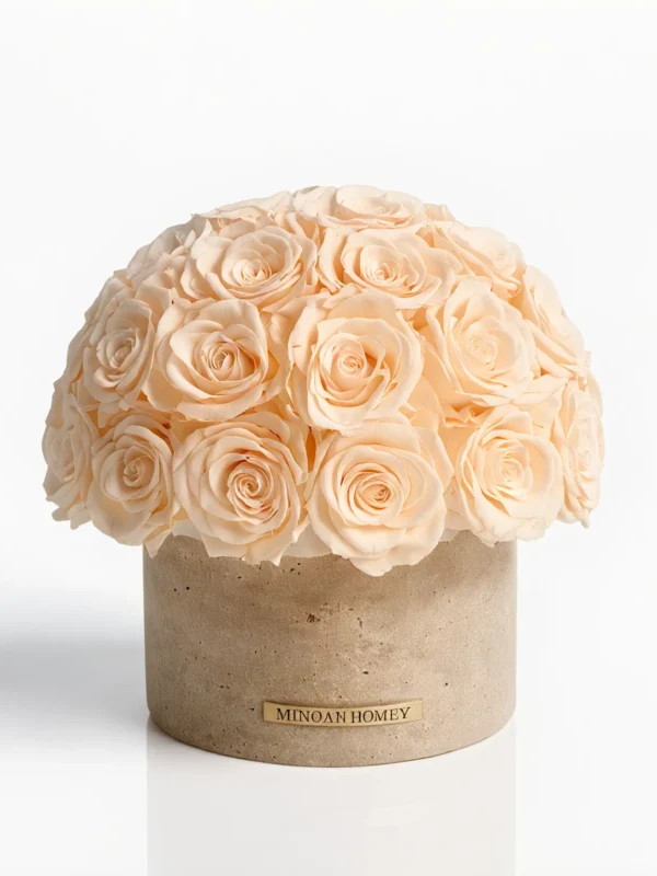 Pale peach roses in a beige cylindrical vase with gold label, minimalist floral design.