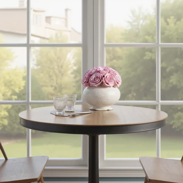Cozy dining nook with wooden table, pink roses, and garden view