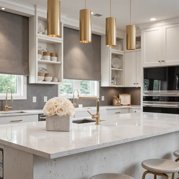 Sophisticated kitchen with speckled countertop and cream-colored roses