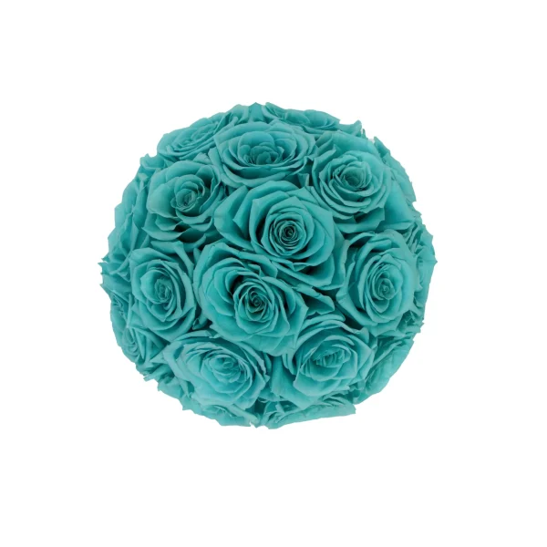 Perfectly round bouquet of lush teal-colored roses with tightly wound petals against stark white background