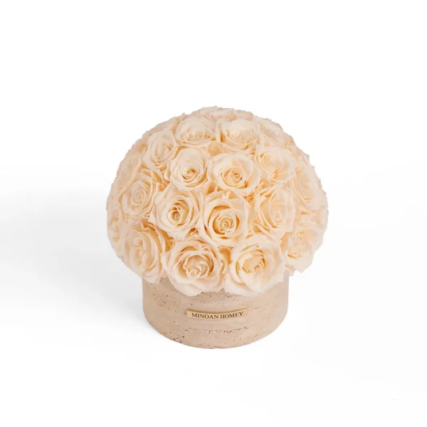 Spherical cream artificial rose arrangement with soft petals in textured cylinder vase labeled Michan Rosely on clean white background