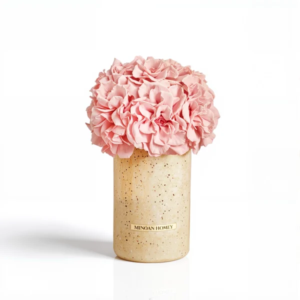 Speckled beige Minoan Homey vase with pink carnations, minimalist flower arrangement