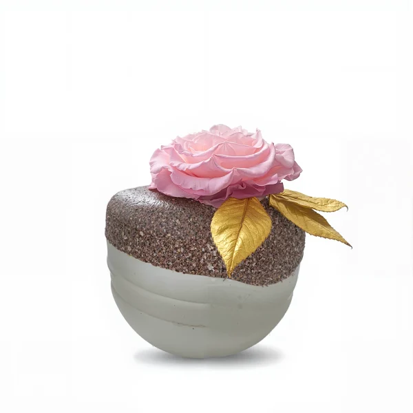 Chocolate cake with pink frosting rose and golden leaves, dessert decoration