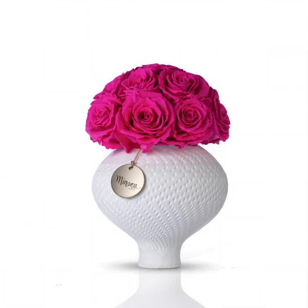 White textured ceramic Minoan Homey vase with magenta roses, elegant floral design