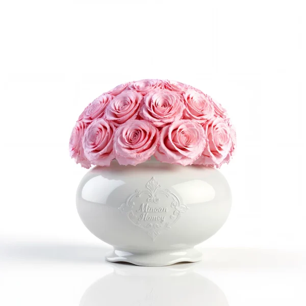 White floral-patterned vase with pink roses, romantic floral composition