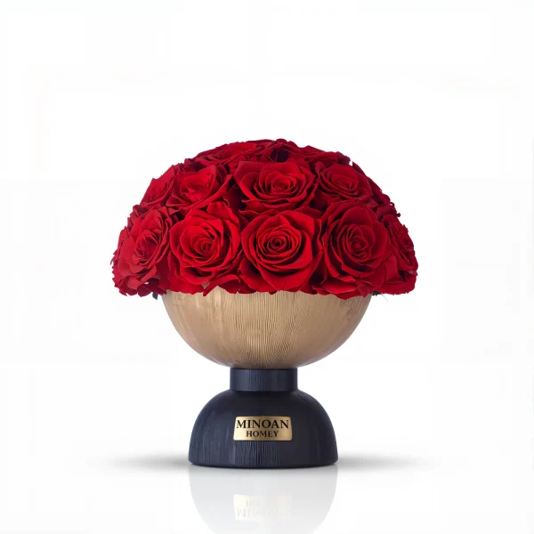 Wooden Minoan Homey vase with red roses, textured floral arrangement